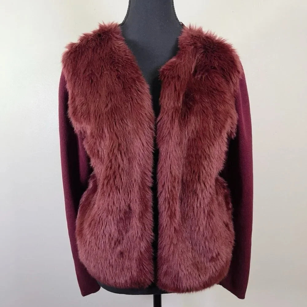Banana Republic Faux Fur Burgundy  Open Cardigan